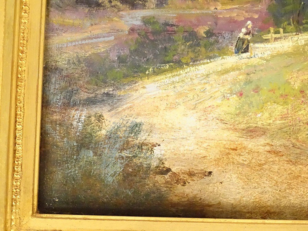 Hsp Table R. Gourdon Landscape Mountain View Village Golden Frame Nineteenth Century-photo-2