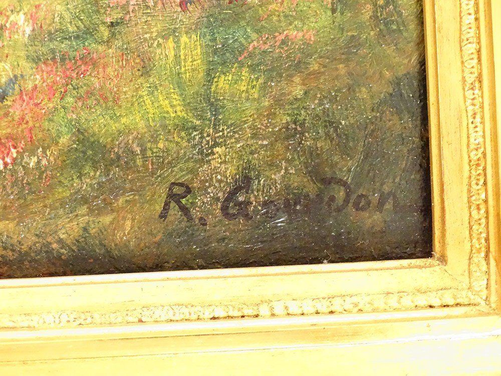 Hsp Table R. Gourdon Landscape Mountain View Village Golden Frame Nineteenth Century-photo-2