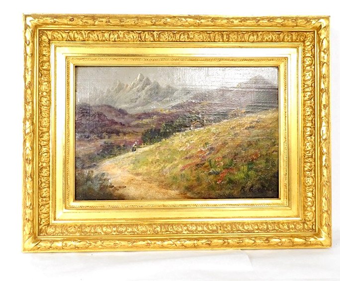 Hsp Table R. Gourdon Landscape Mountain View Village Golden Frame Nineteenth Century