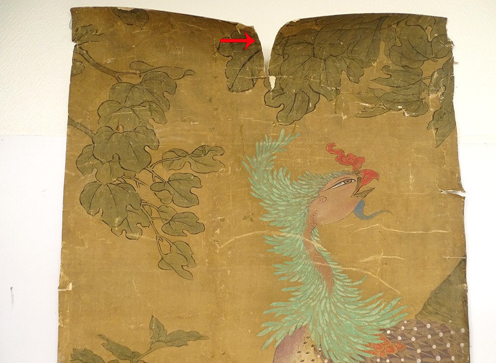 Japanese Silk Paper Painting Roll Phoenix Bird Flowers Landscape Late Eighteenth-photo-2