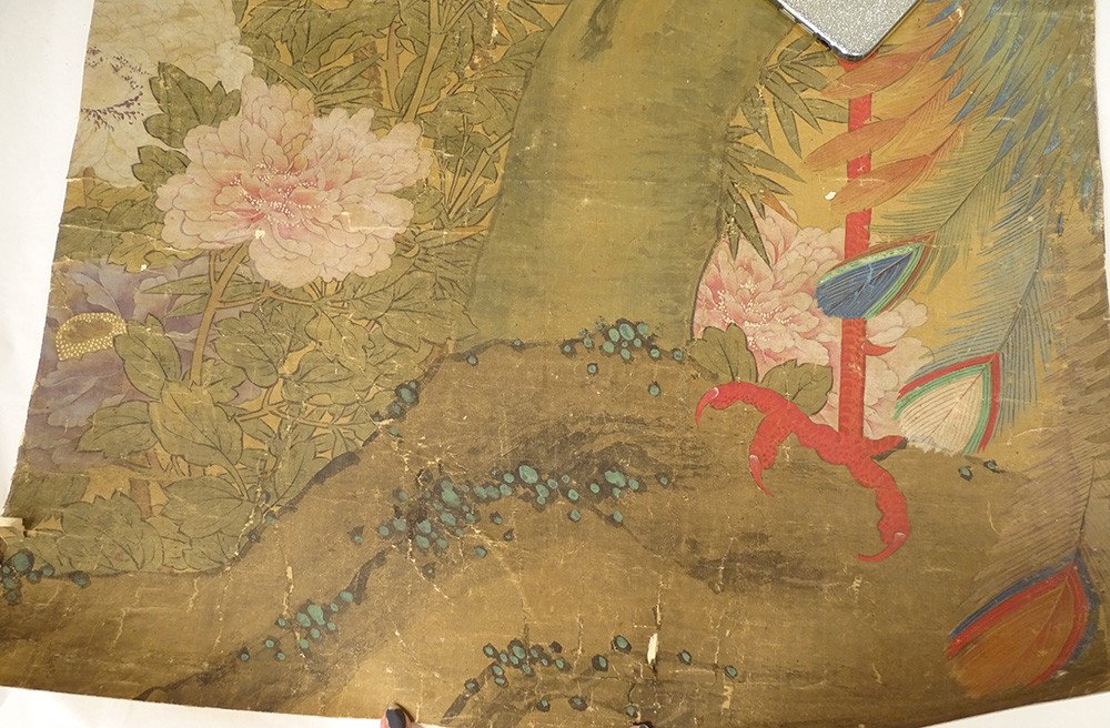 Japanese Silk Paper Painting Roll Phoenix Bird Flowers Landscape Late Eighteenth-photo-1