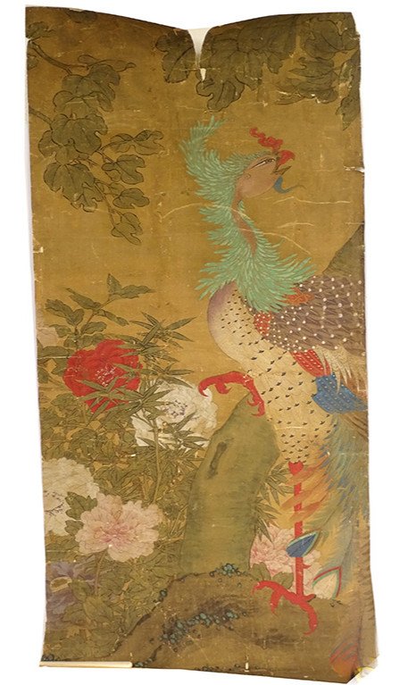 Rouleau Peinture Papier Soie Japon Oiseau Phoenix Fleurs Paysage Fin XVIIIè