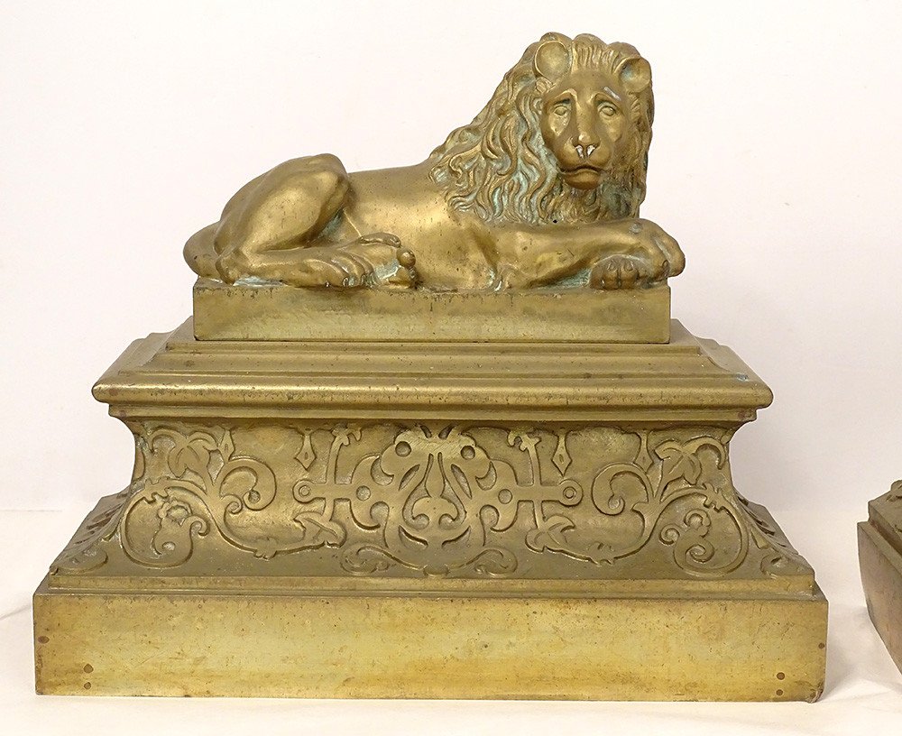 Pair Andirons Gilt Bronze Lions Lying Château Neuilly Restoration Nineteenth-photo-2