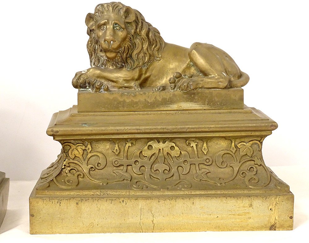 Pair Andirons Gilt Bronze Lions Lying Château Neuilly Restoration Nineteenth-photo-3
