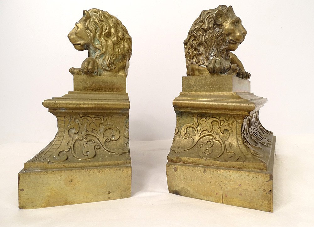 Pair Andirons Gilt Bronze Lions Lying Château Neuilly Restoration Nineteenth-photo-4