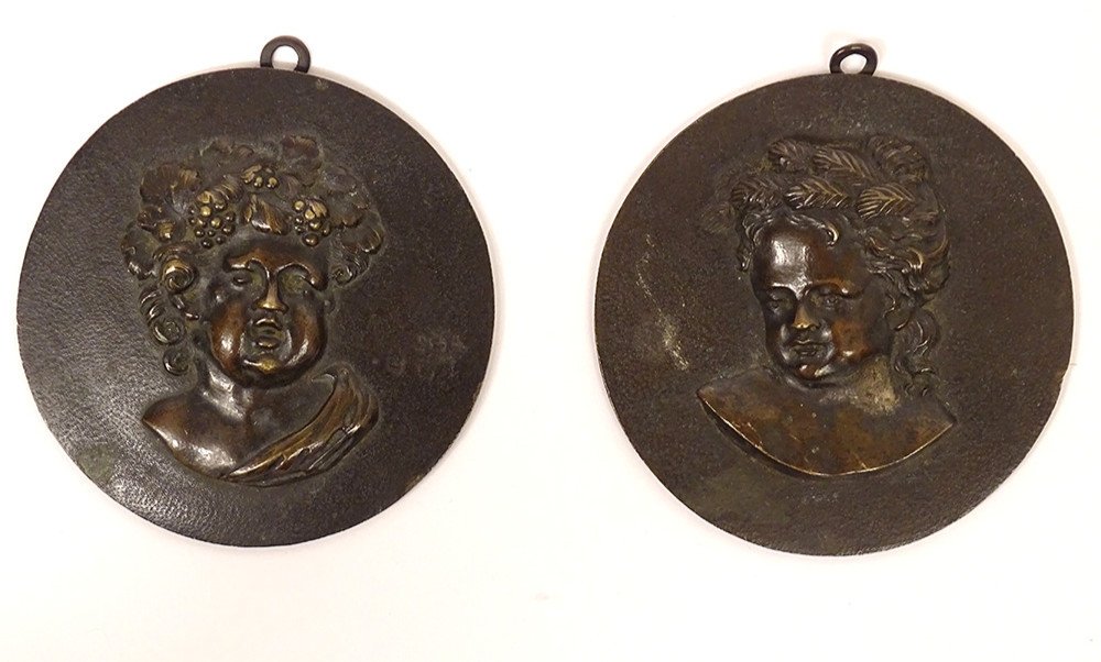 Paire Médaillons Bronze Portraits Enfants Bacchus Bacchante Fin XVIIIème