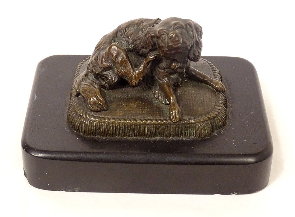 Bronze Dog Paperweight Sculpture Black Marble Cushion XIXth Century-photo-2