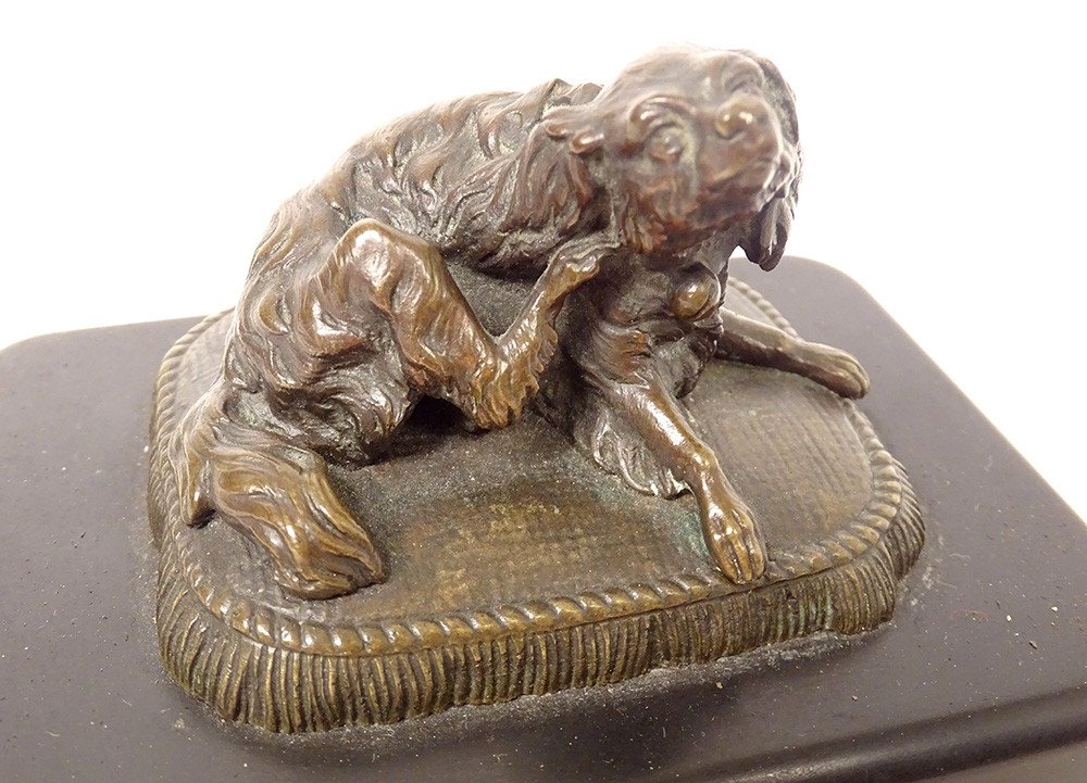 Sculpture Presse-papier Bronze Chien Coussin Marbre Noir XIXème Siècle-photo-3