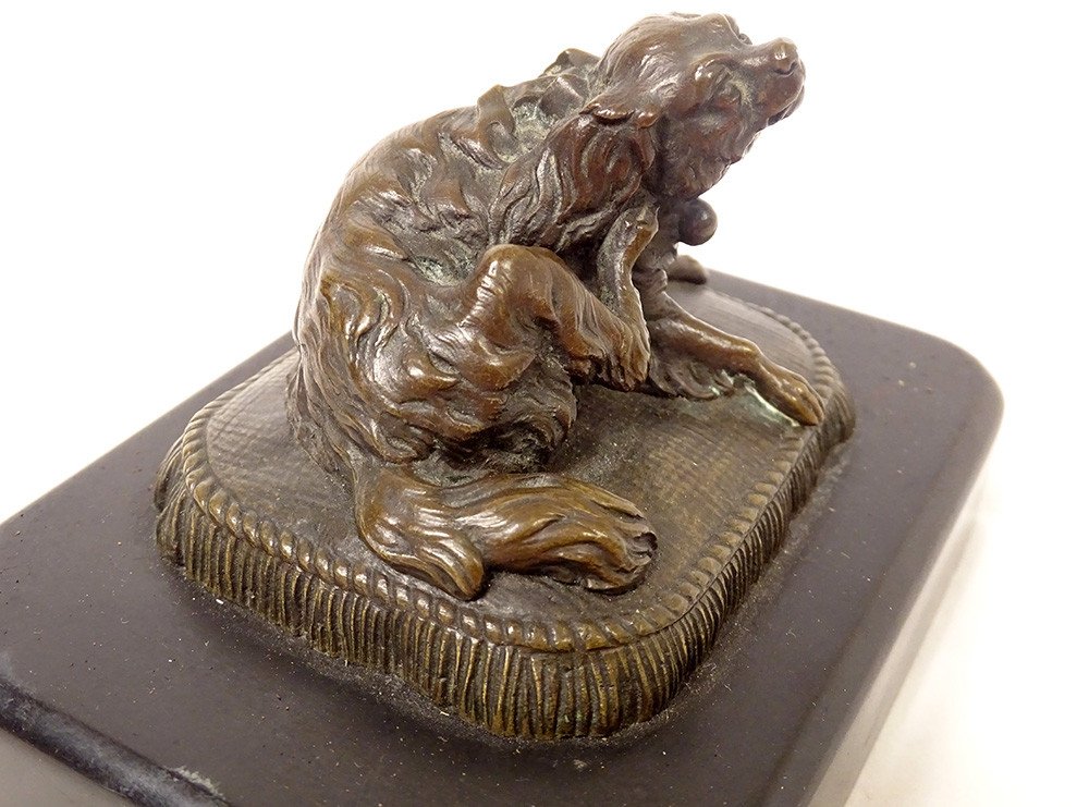 Bronze Dog Paperweight Sculpture Black Marble Cushion XIXth Century-photo-4