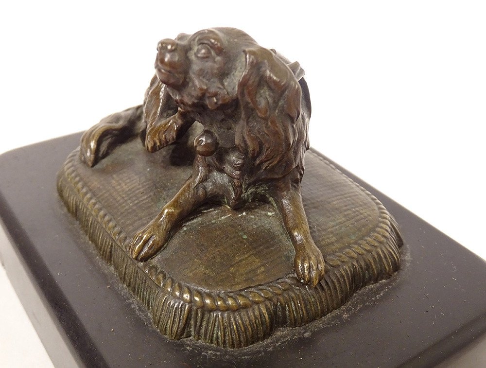 Sculpture Presse-papier Bronze Chien Coussin Marbre Noir XIXème Siècle-photo-1