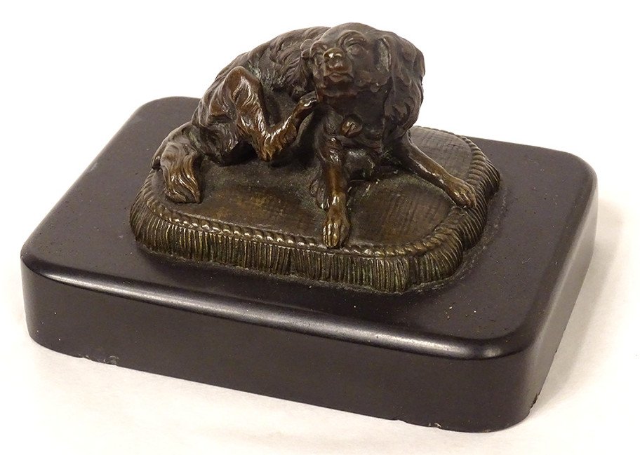 Bronze Dog Paperweight Sculpture Black Marble Cushion XIXth Century