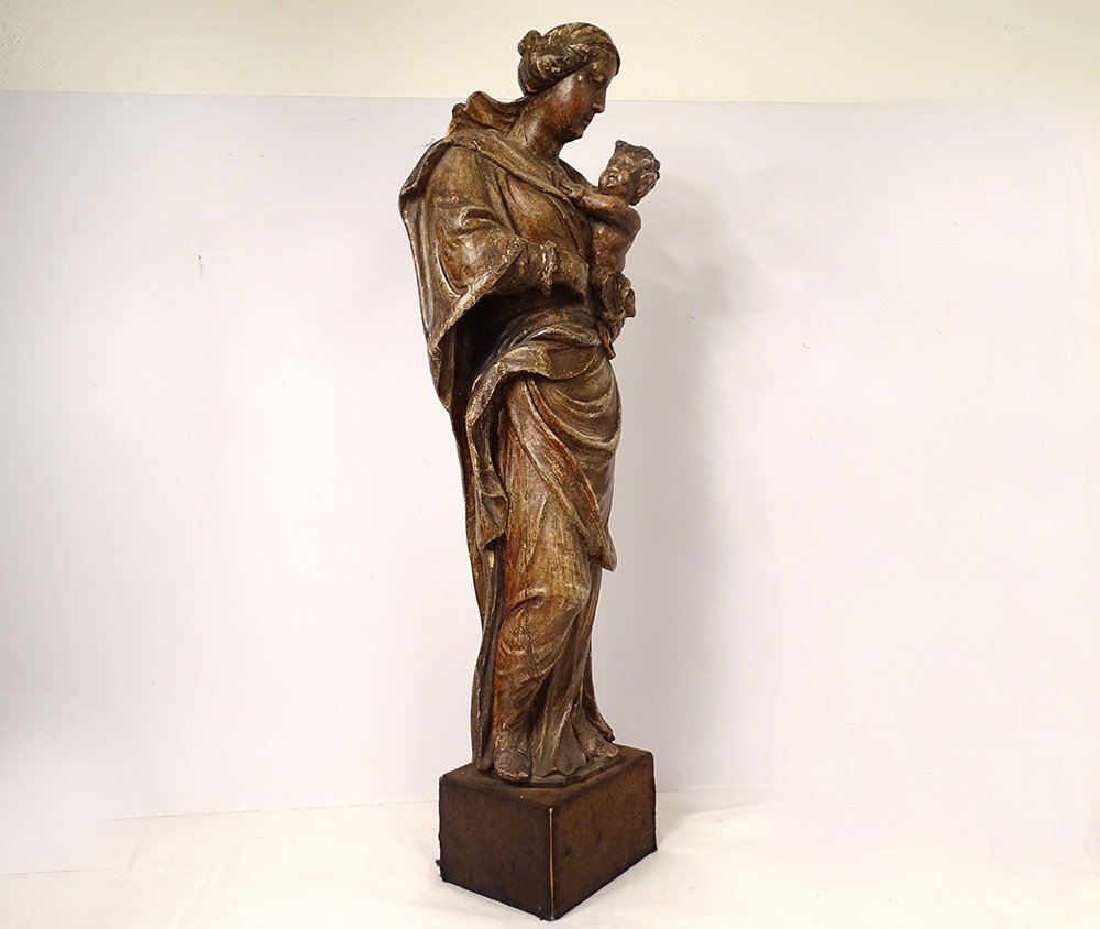 Statue Religieuse Vierge à l'Enfant Jésus Bois Sculpté Polychrome XVIIIème-photo-5
