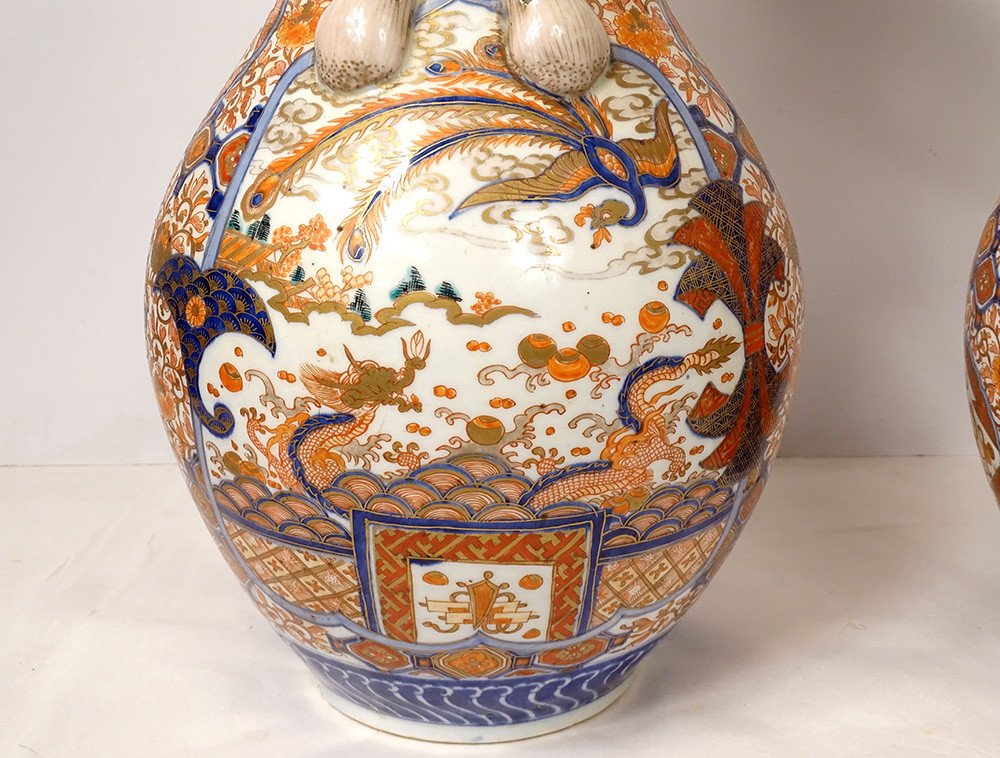Paire Grands Vases Porcelaine Imari Japon Dragon Phoenix Dorure XIXè Siècle-photo-3