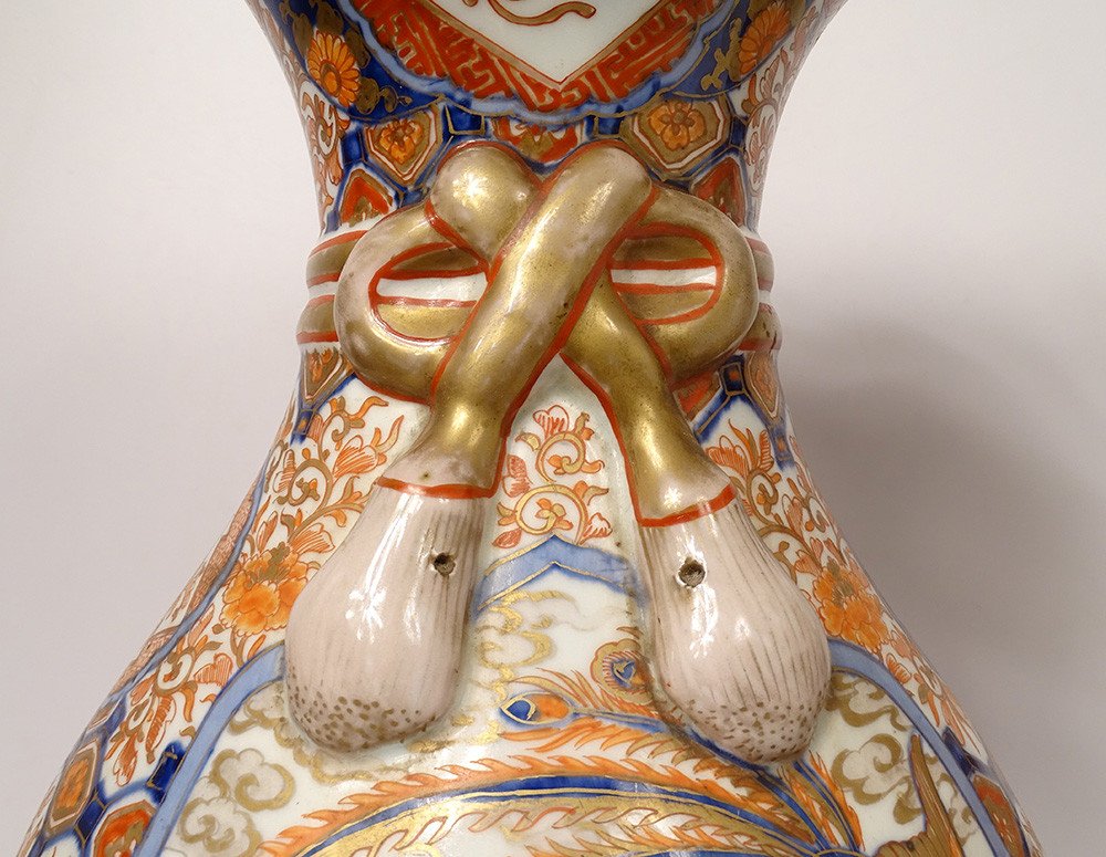 Paire Grands Vases Porcelaine Imari Japon Dragon Phoenix Dorure XIXè Siècle-photo-1