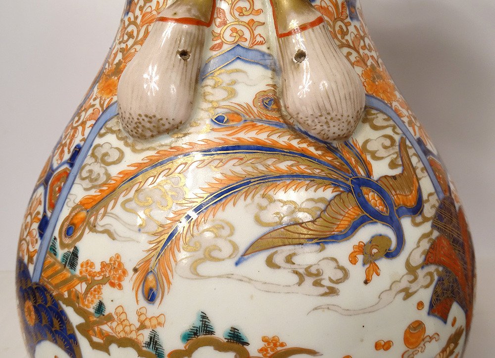 Paire Grands Vases Porcelaine Imari Japon Dragon Phoenix Dorure XIXè Siècle-photo-2