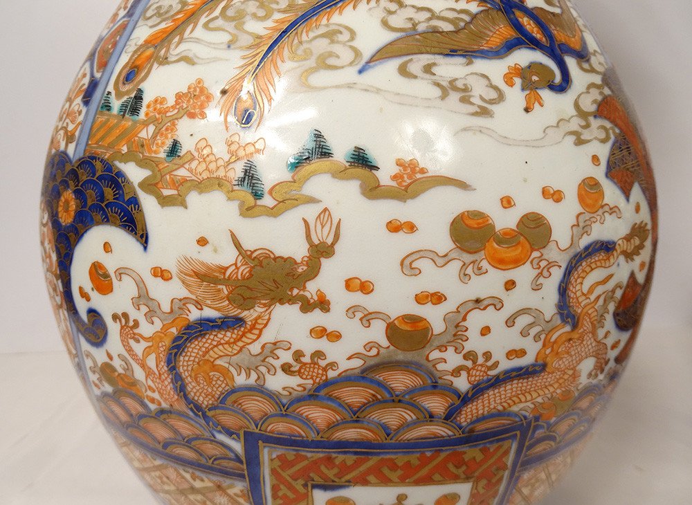 Paire Grands Vases Porcelaine Imari Japon Dragon Phoenix Dorure XIXè Siècle-photo-3