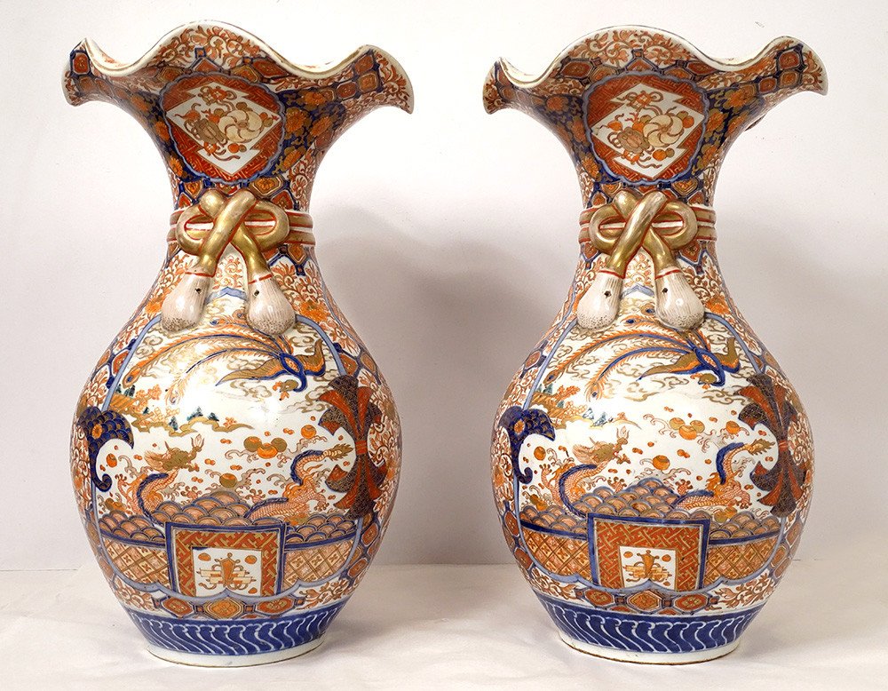 Paire Grands Vases Porcelaine Imari Japon Dragon Phoenix Dorure XIXè Siècle