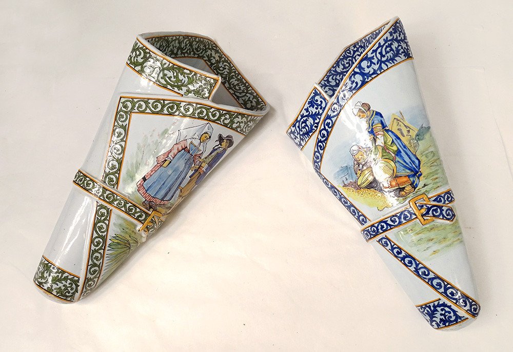 2 Cornets Of Applique Bouquetières Earthenware Quimper Porquier-beau Nineteenth