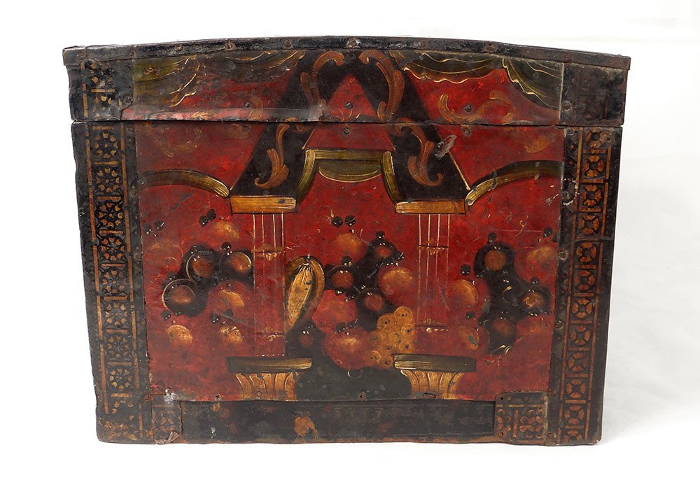Chest Polychrome Painted Metal Box Fruit Cups Columns XVIIth Century-photo-1