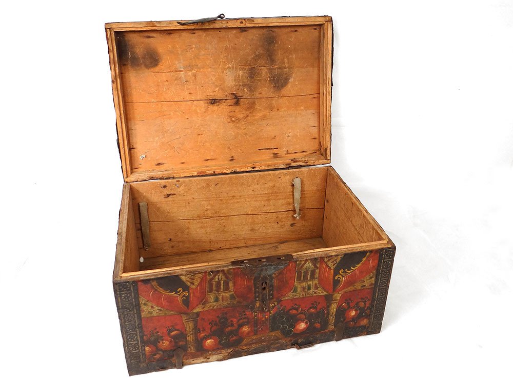 Chest Polychrome Painted Metal Box Fruit Cups Columns XVIIth Century-photo-3