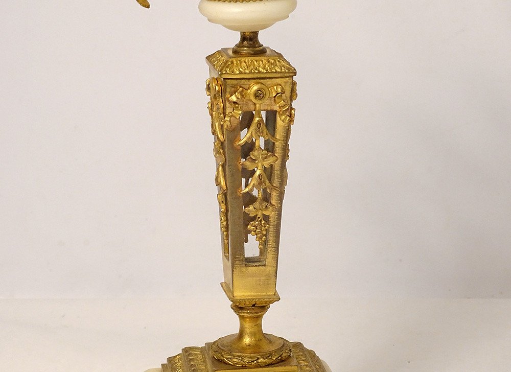 Pair Candlesticks 2 Lights Louis XVI Fleuri Gilt Bronze Crystal Marble Nineteenth-photo-3