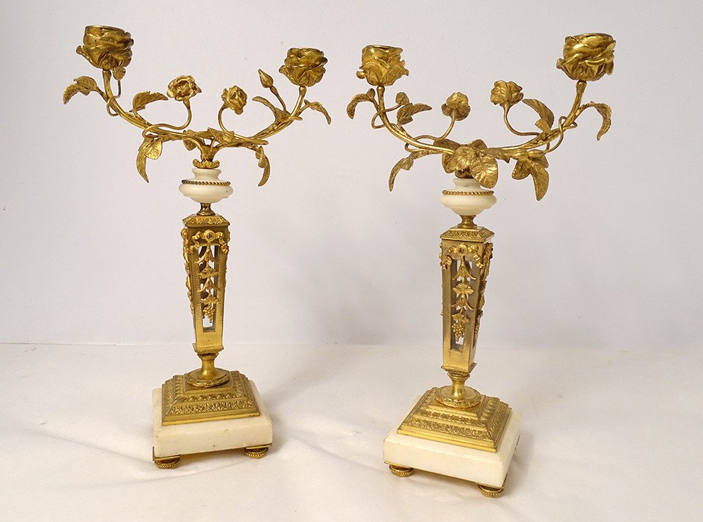 Pair Candlesticks 2 Lights Louis XVI Fleuri Gilt Bronze Crystal Marble Nineteenth-photo-4