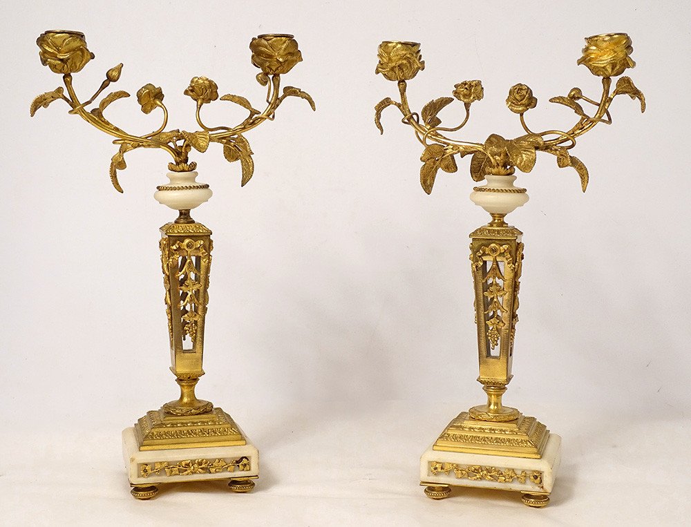 Pair Candlesticks 2 Lights Louis XVI Fleuri Gilt Bronze Crystal Marble Nineteenth