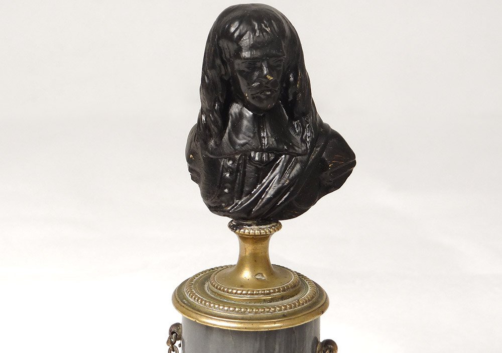 Paire Bustes Philosophes écrivains Molière Descartes Bronze Marbre XIXème-photo-2