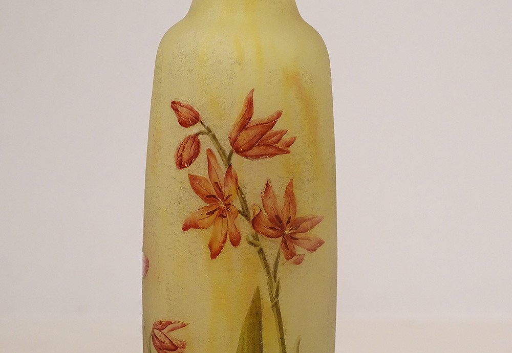 Vase Piedouche Pâte de Verre Daum Nancy Fleurs Lys Lis Art Nouveau XIXème-photo-4