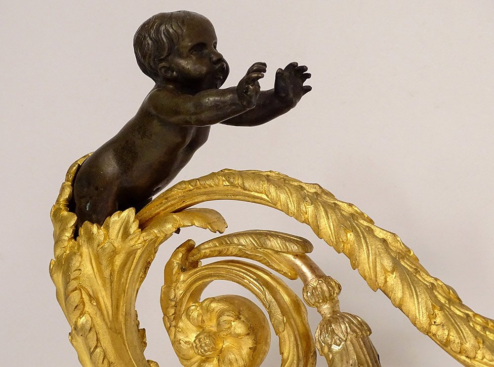 Pair Andirons Louis XVI Gilt Bronze Cherubs Children Arabesques Eighteenth-photo-2