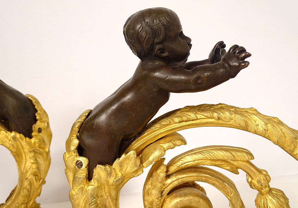 Pair Andirons Louis XVI Gilt Bronze Cherubs Children Arabesques Eighteenth-photo-7