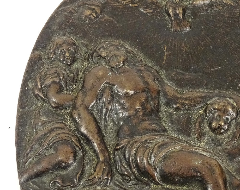 Petite Plaque Bas-relief Sculpture Bronze Mise Tombeau Christ Angelots 18è-photo-2