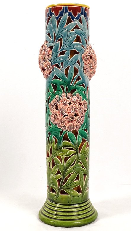 Vase Tubulaire Faïence Sarreguemines Ajourée Fleurs Feuillage XIXè Siècle