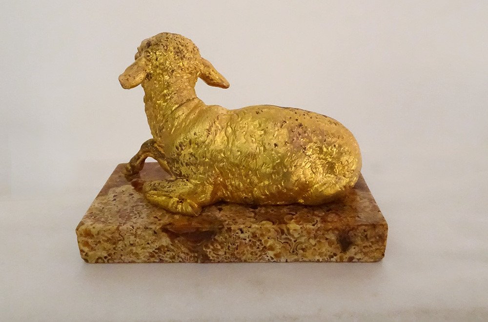 Sculpture Paperweight Gilt Bronze Ewe Marble Breccia XIXth Century-photo-3