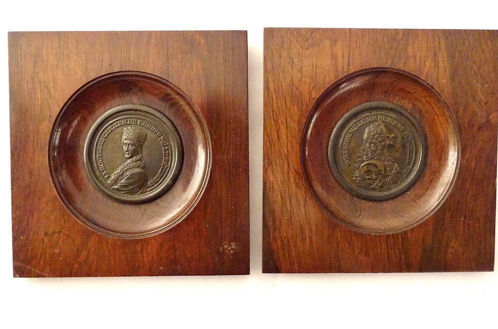 Pair Bronze Medals Portraits Rousseau Voltaire Engraver Waechter XVIIIth