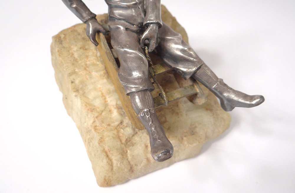 Silver Bronze Sculpture Child Sledge Stone XXth Century-photo-1