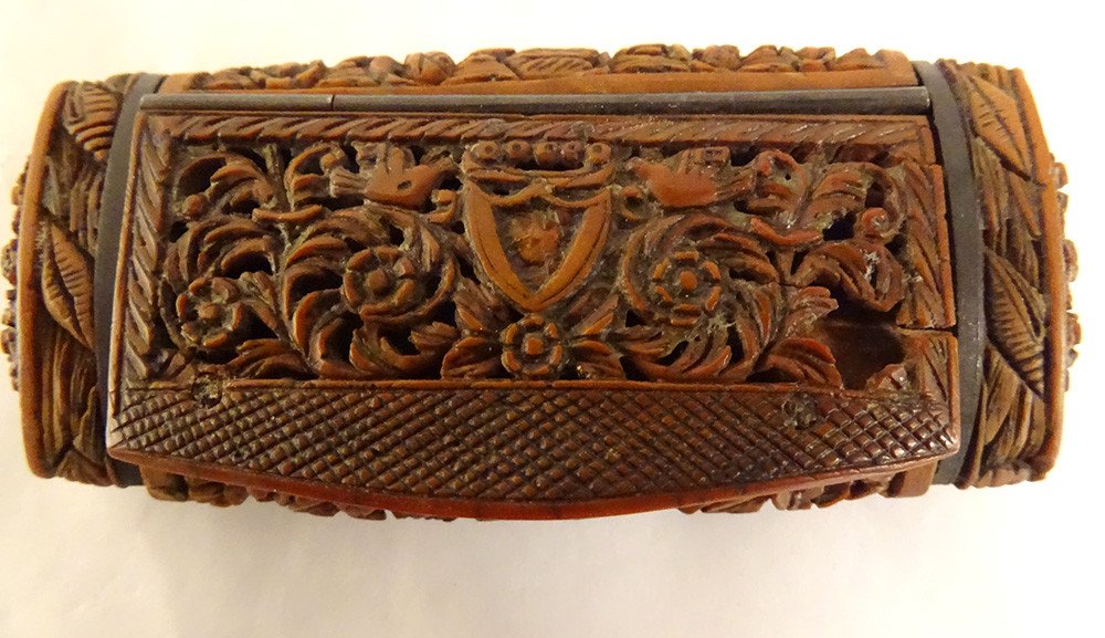 Snuff Box Corozo Carved Birds Shield Love Marine Work Nineteenth Century-photo-2