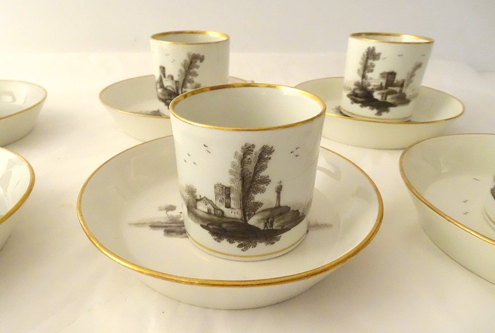 6 Vienna Grisaille Porcelain Cups Landscapes Castles Ponds Early XIXth-photo-2