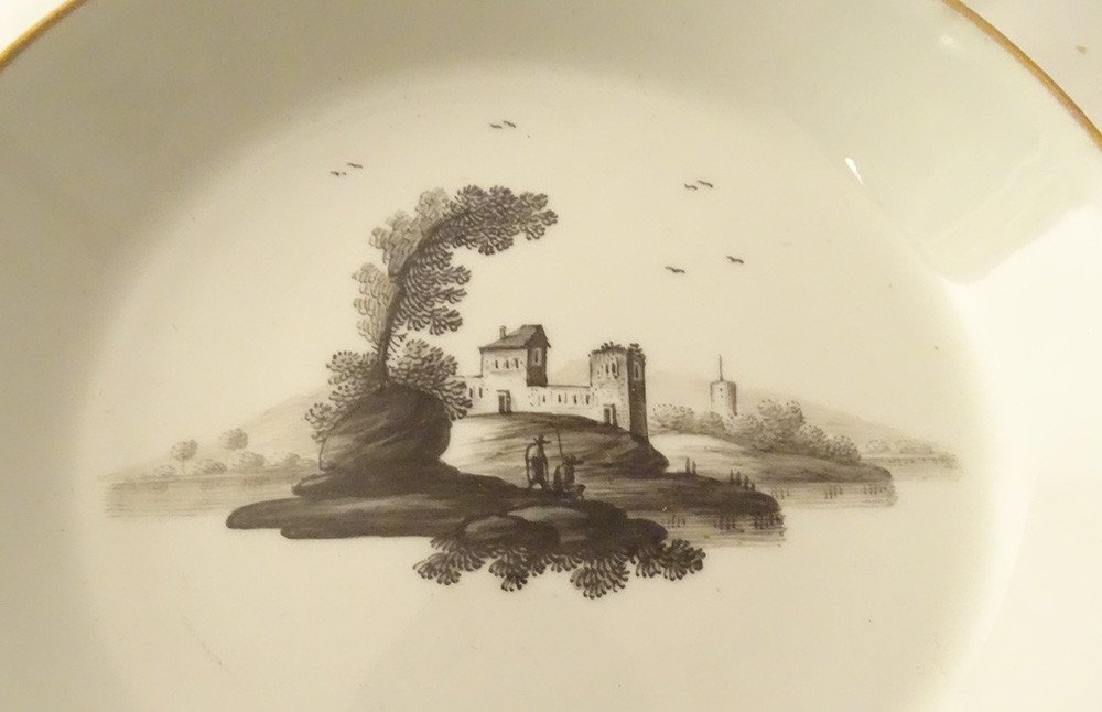 6 Vienna Grisaille Porcelain Cups Landscapes Castles Ponds Early XIXth-photo-4