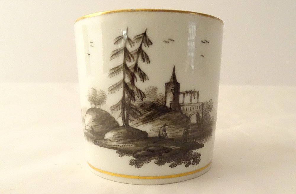 6 Vienna Grisaille Porcelain Cups Landscapes Castles Ponds Early XIXth-photo-3