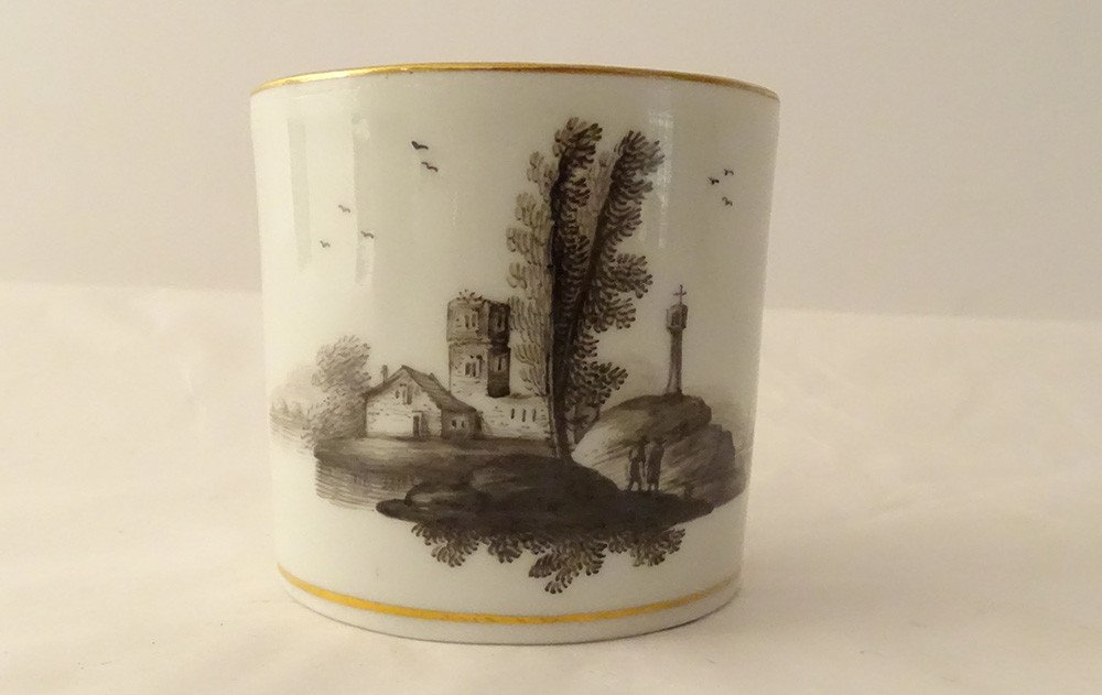 6 Vienna Grisaille Porcelain Cups Landscapes Castles Ponds Early XIXth-photo-5