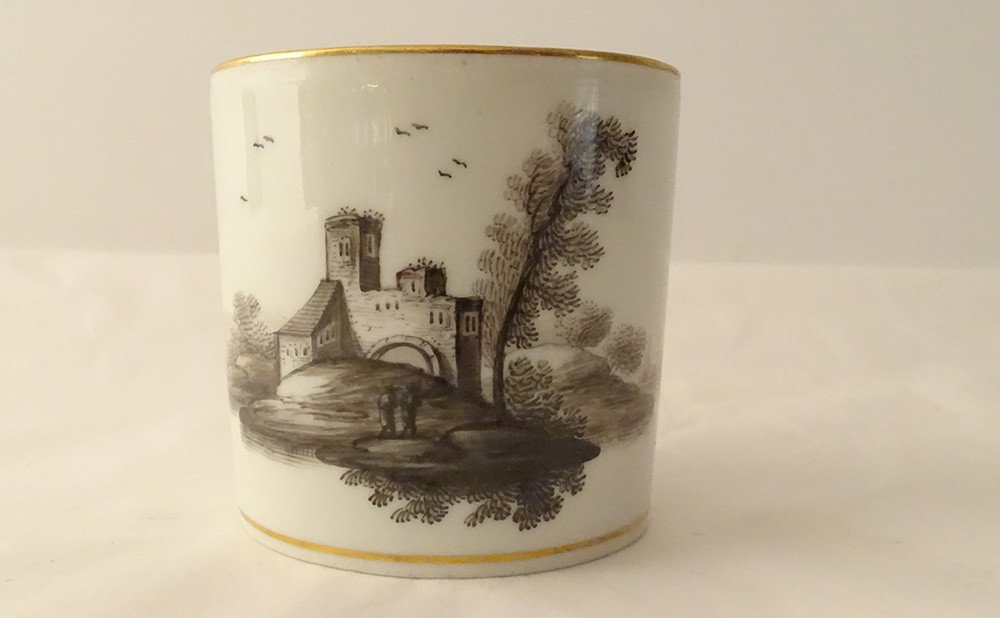 6 Vienna Grisaille Porcelain Cups Landscapes Castles Ponds Early XIXth-photo-6