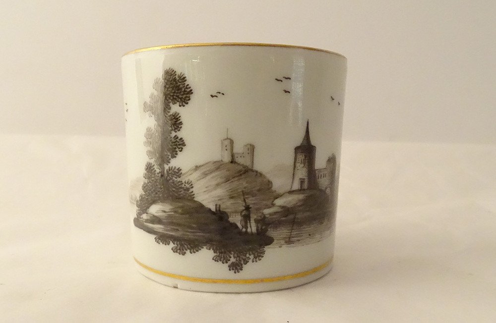 6 Vienna Grisaille Porcelain Cups Landscapes Castles Ponds Early XIXth-photo-7