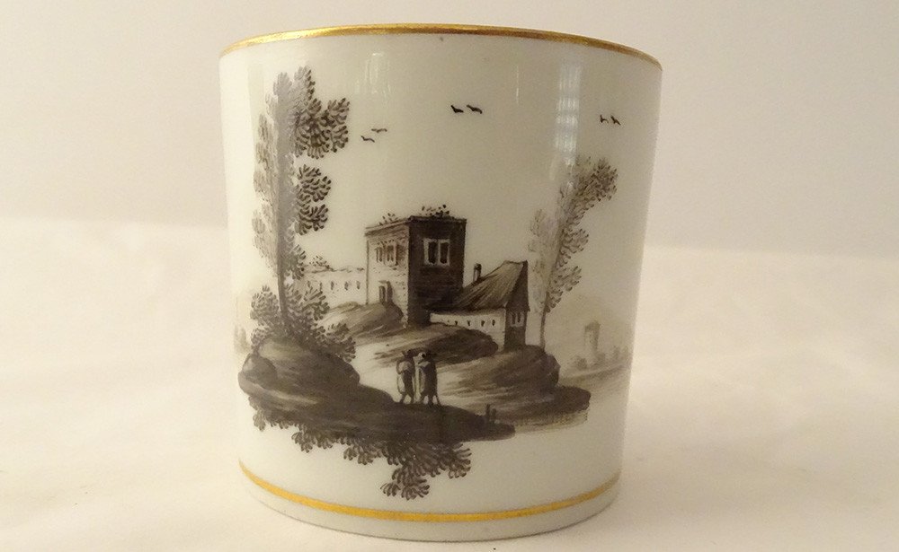 6 Vienna Grisaille Porcelain Cups Landscapes Castles Ponds Early XIXth-photo-8