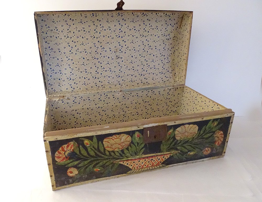 Coffre Coffret Mariage Normand Bois Peint Polychrome Oiseaux Fleurs XIXème-photo-7