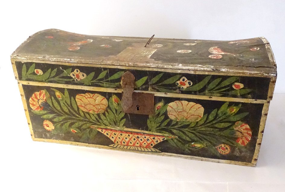 Coffre Coffret Mariage Normand Bois Peint Polychrome Oiseaux Fleurs XIXème