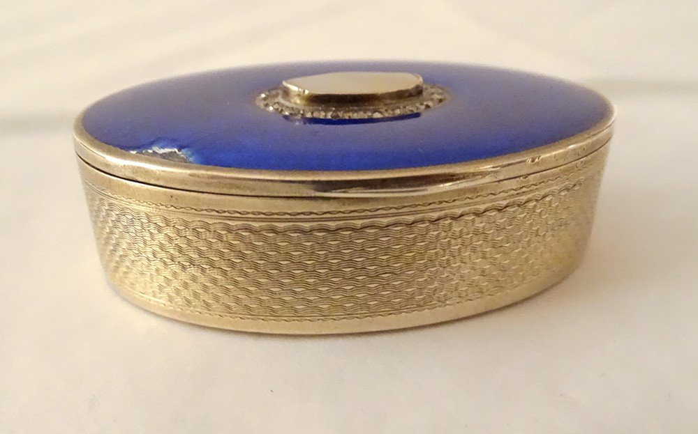 Oval Box Sterling Silver Foreign Guilloche Blue Enamel Pb 47.57gr Twentieth-photo-2