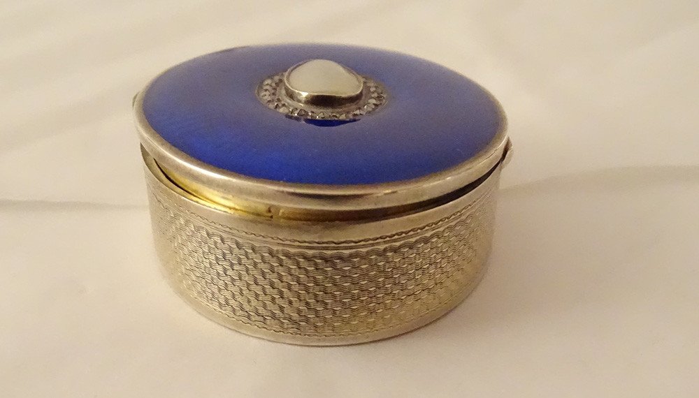 Oval Box Sterling Silver Foreign Guilloche Blue Enamel Pb 47.57gr Twentieth-photo-2