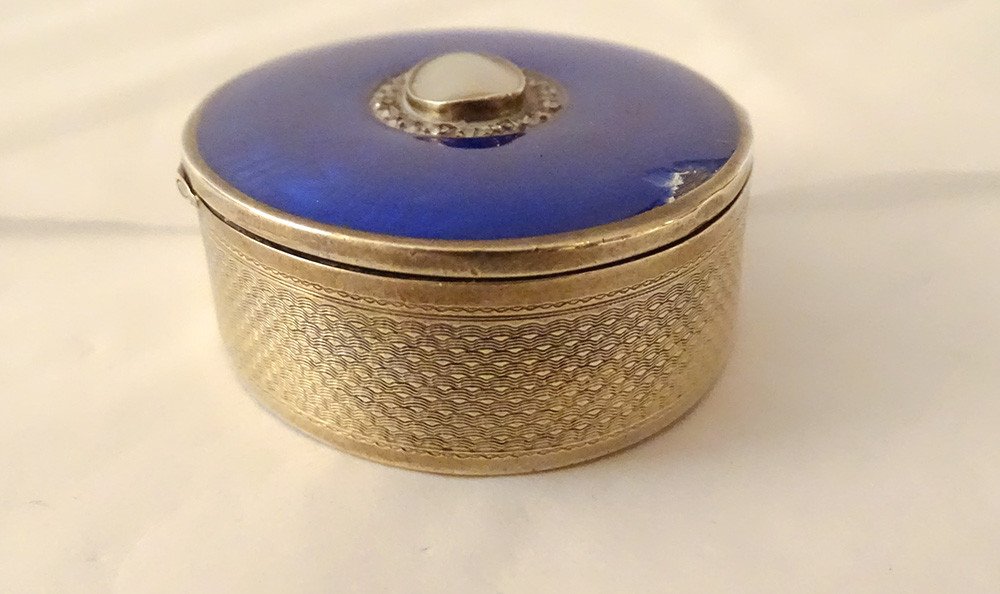 Oval Box Sterling Silver Foreign Guilloche Blue Enamel Pb 47.57gr Twentieth-photo-4