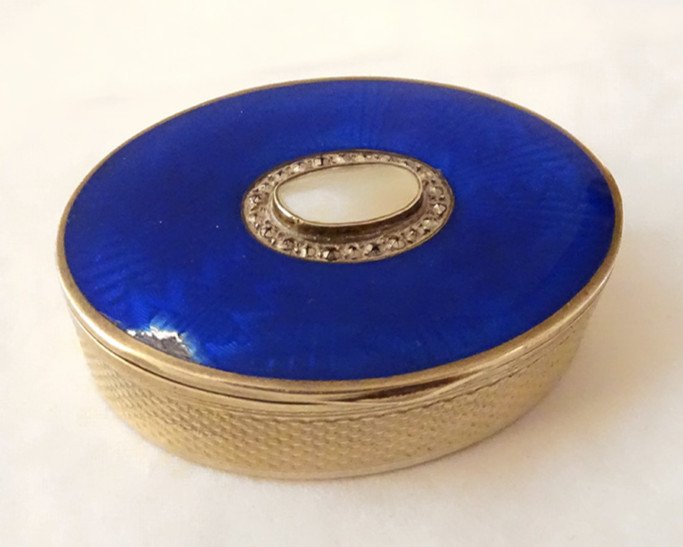 Oval Box Sterling Silver Foreign Guilloche Blue Enamel Pb 47.57gr Twentieth